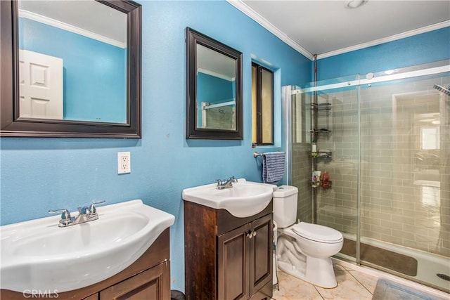 bathroom with toilet, walk in shower, tile patterned flooring, ornamental molding, and vanity