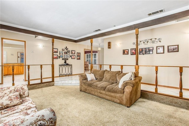 carpeted living room with crown molding