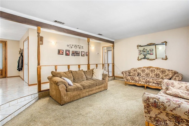 living room with crown molding