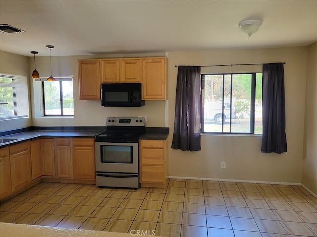 kitchen with sink, decorative light fixtures, stainless steel electric range, light tile patterned floors, and light brown cabinets