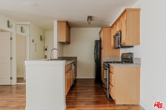 kitchen with appliances with stainless steel finishes, light brown cabinetry, dark hardwood / wood-style flooring, and sink