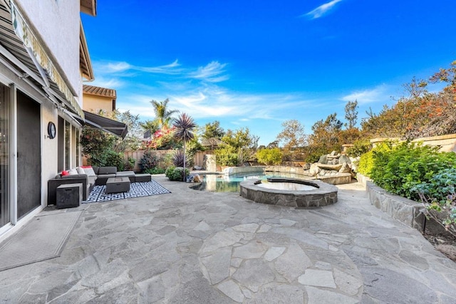 view of patio featuring an outdoor hangout area and a swimming pool with hot tub