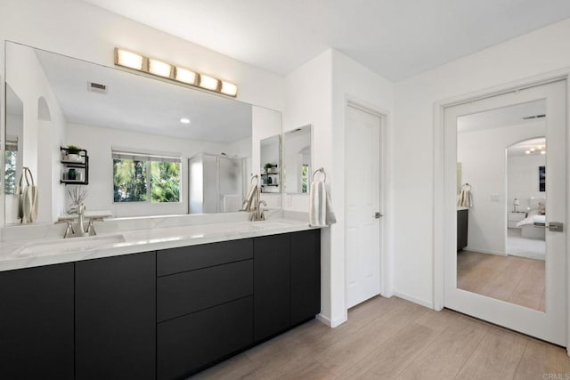 bathroom with walk in shower and vanity