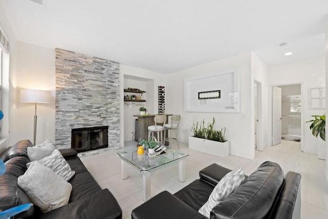 living room with a fireplace