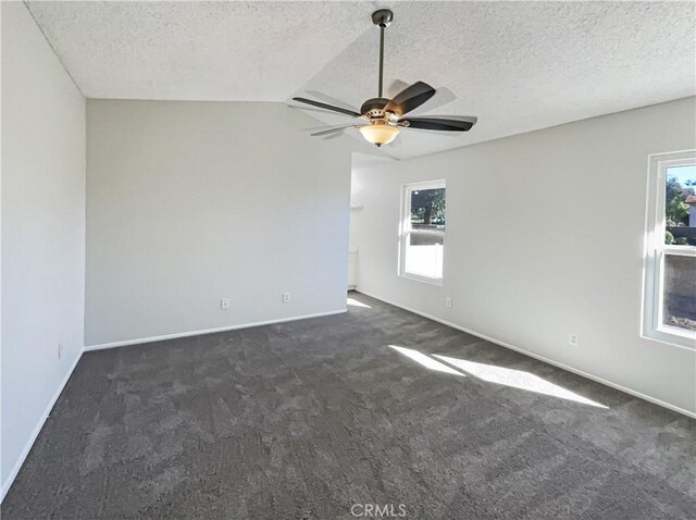 carpeted spare room featuring a textured ceiling, vaulted ceiling, and a wealth of natural light