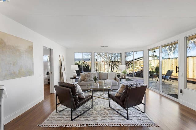 living room with wood-type flooring and plenty of natural light