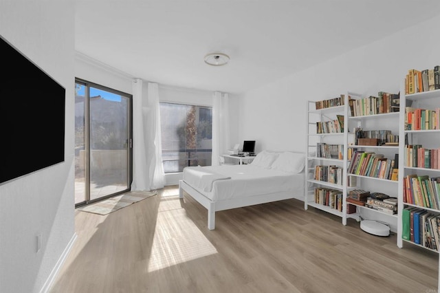 bedroom featuring access to outside and light hardwood / wood-style flooring