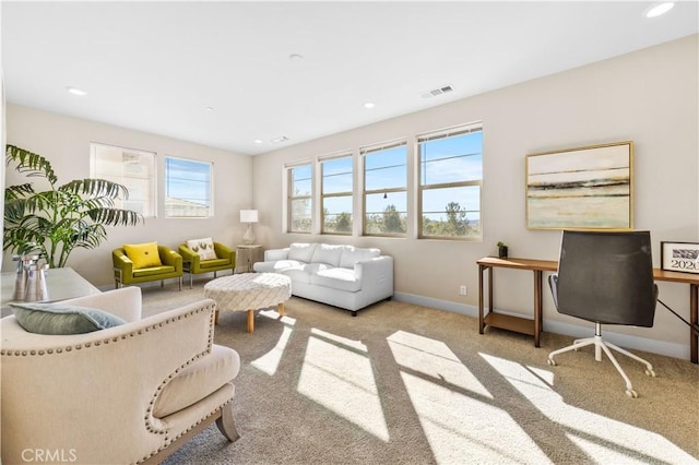 living room featuring light carpet