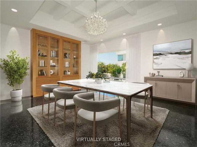 dining room featuring an inviting chandelier and coffered ceiling