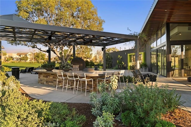 view of patio / terrace with a pergola, outdoor dry bar, and exterior kitchen