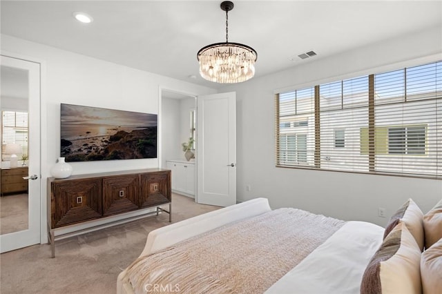 bedroom featuring light carpet, a notable chandelier, visible vents, and recessed lighting