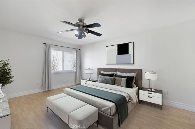 bedroom with light wood-type flooring and ceiling fan