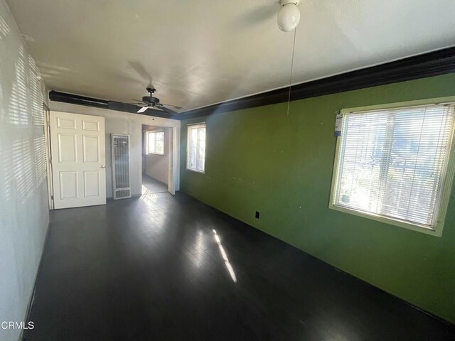 interior space featuring ceiling fan and dark hardwood / wood-style floors