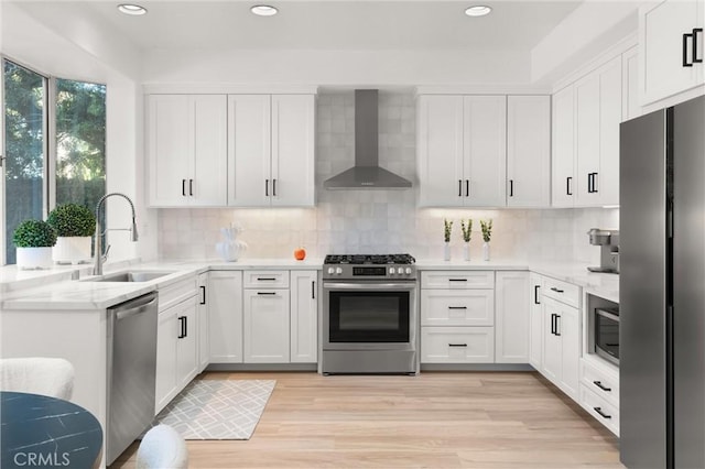 kitchen featuring sink, white cabinets, backsplash, wall chimney range hood, and appliances with stainless steel finishes