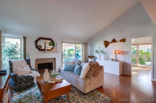 living room with lofted ceiling, a fireplace, and hardwood / wood-style flooring