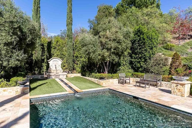 view of swimming pool with a lawn and a patio area