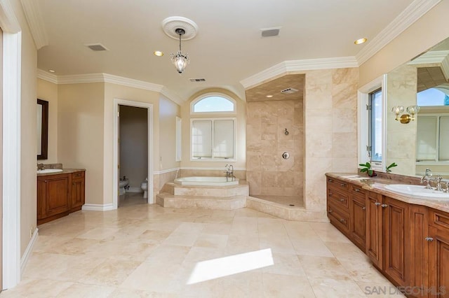 bathroom featuring vanity, a bidet, independent shower and bath, and crown molding