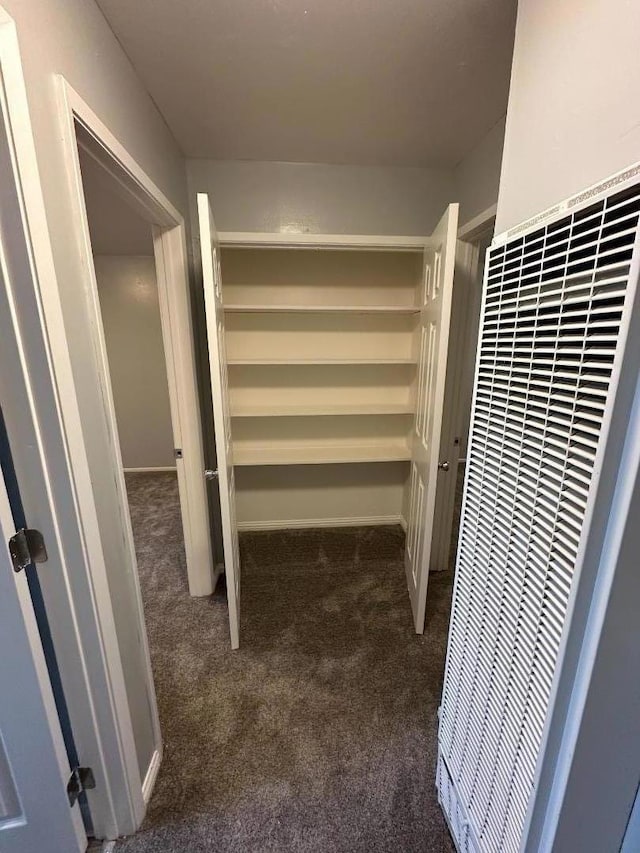 spacious closet featuring dark colored carpet