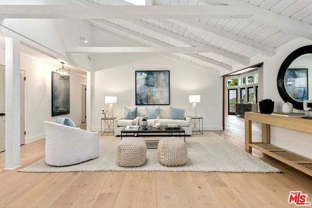 living room with hardwood / wood-style flooring, wooden ceiling, and vaulted ceiling with beams