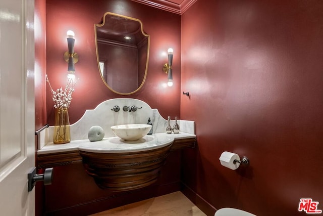 bathroom with wood-type flooring, vanity, and crown molding