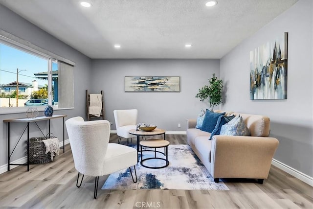 living room with a textured ceiling and light hardwood / wood-style floors