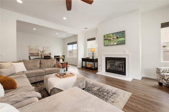 living room with ceiling fan and dark hardwood / wood-style floors