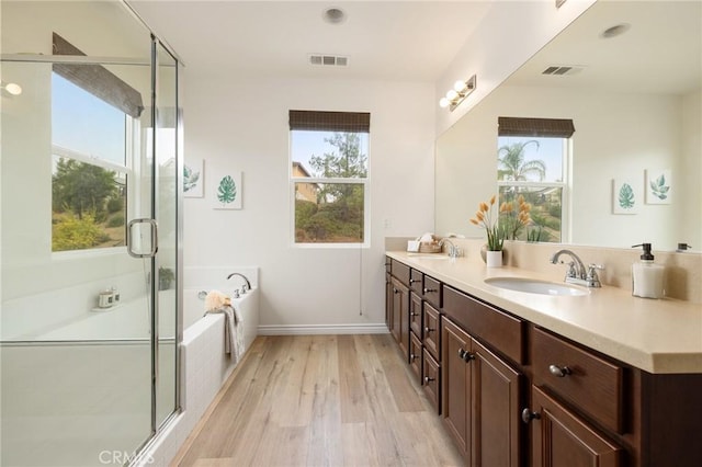 bathroom with hardwood / wood-style flooring, plus walk in shower, a wealth of natural light, and vanity