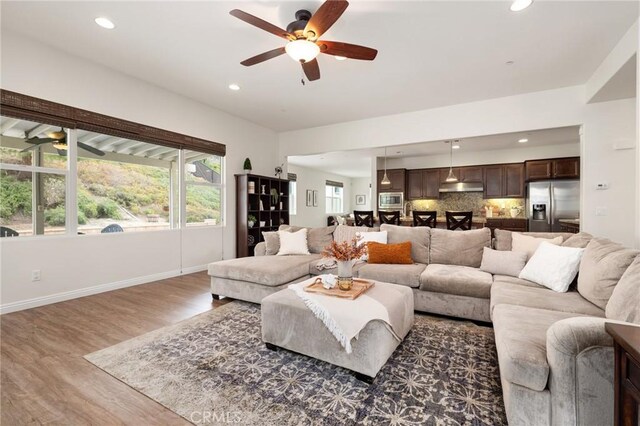 living room with wood-type flooring and ceiling fan