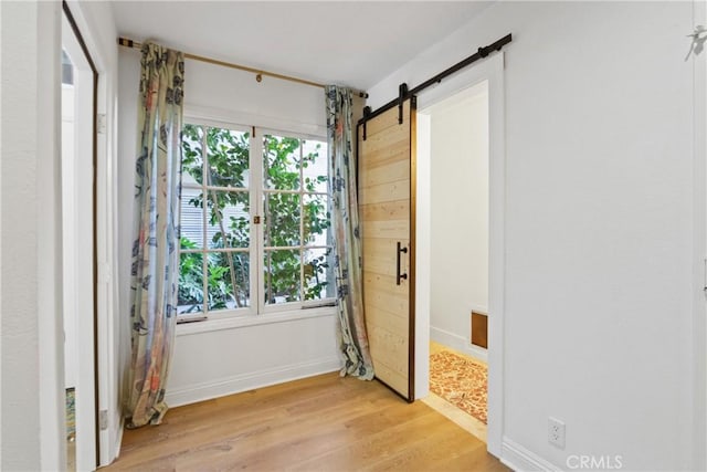 entryway with light hardwood / wood-style floors, a wealth of natural light, and a barn door