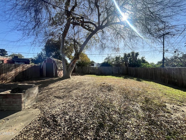 view of yard featuring a storage shed