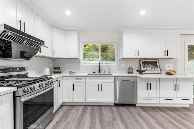 kitchen with stainless steel appliances, exhaust hood, white cabinets, and sink