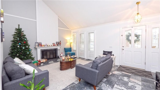 living room with vaulted ceiling