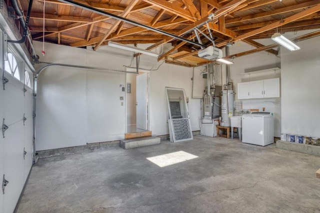 garage featuring wood ceiling, water heater, and a garage door opener