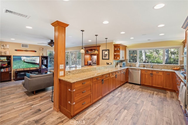 kitchen featuring kitchen peninsula, stainless steel dishwasher, hanging light fixtures, crown molding, and ceiling fan