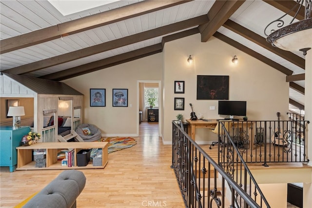 living room with wooden ceiling, high vaulted ceiling, beamed ceiling, and wood-type flooring