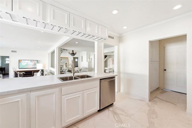 kitchen featuring white cabinets, dishwasher, crown molding, and sink