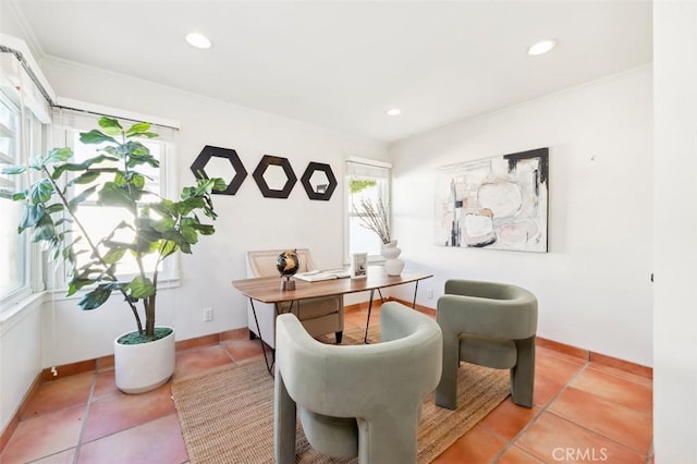 tiled home office featuring crown molding