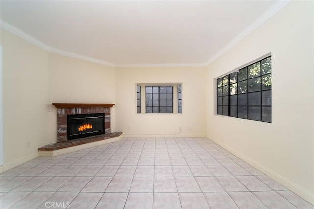 unfurnished living room featuring light tile patterned flooring, a fireplace, and crown molding