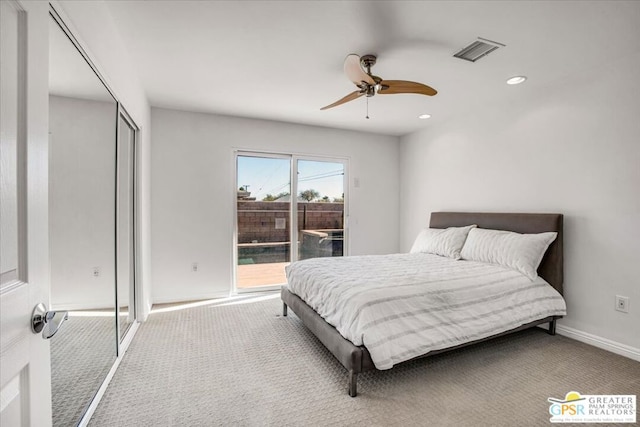 carpeted bedroom with a closet, ceiling fan, and access to exterior