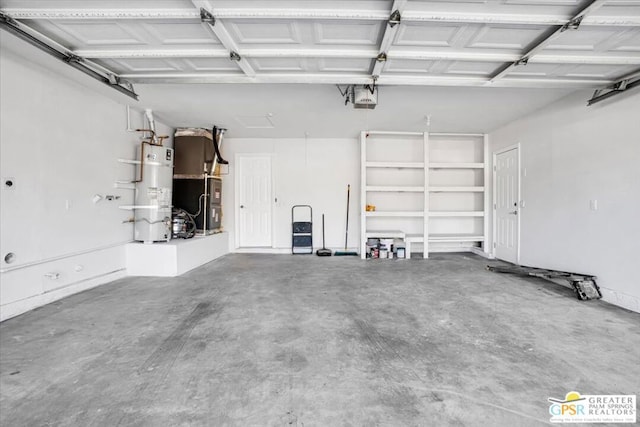 garage with a garage door opener, strapped water heater, and heating unit