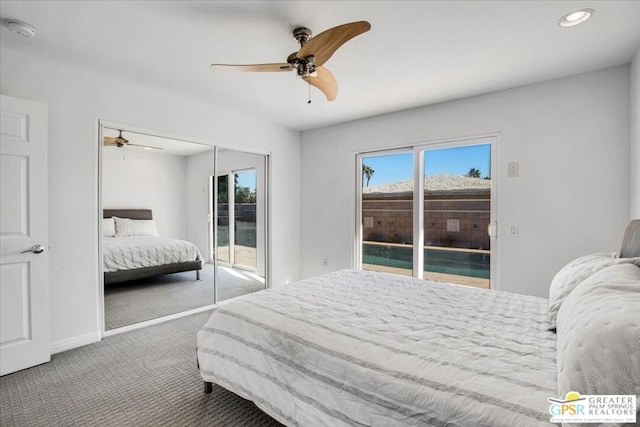 bedroom with ceiling fan, a closet, carpet flooring, and access to exterior