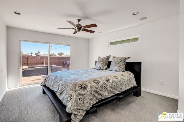 bedroom featuring carpet flooring, access to exterior, and ceiling fan