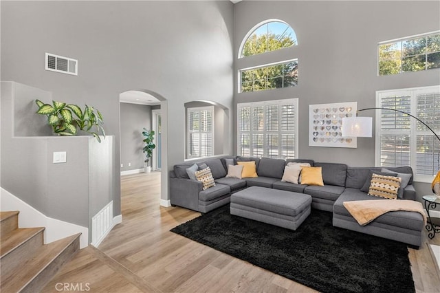 living room with a high ceiling and a wealth of natural light