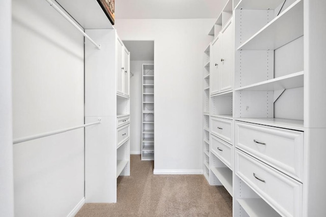 walk in closet with light colored carpet