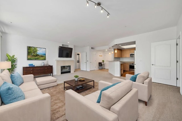 living room featuring rail lighting