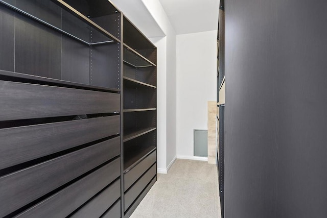 spacious closet featuring light colored carpet