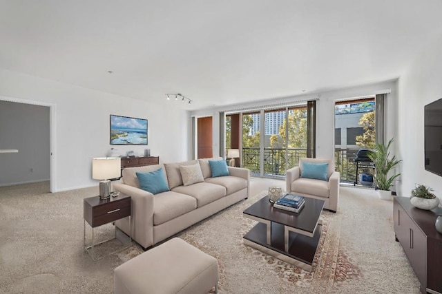 living room featuring rail lighting and light carpet