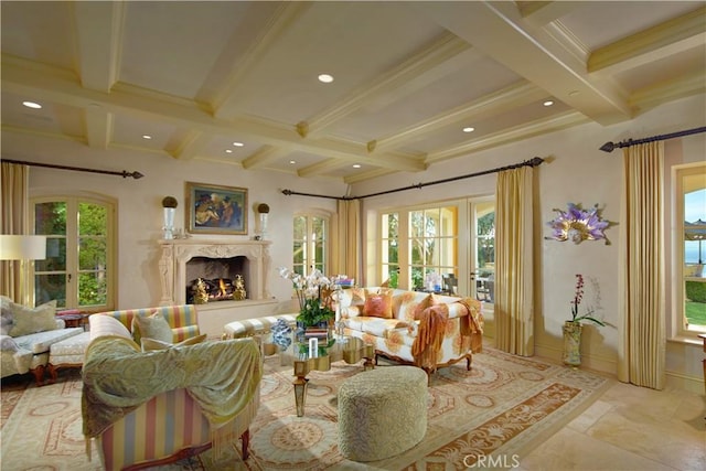 living room featuring coffered ceiling, a high end fireplace, and beamed ceiling