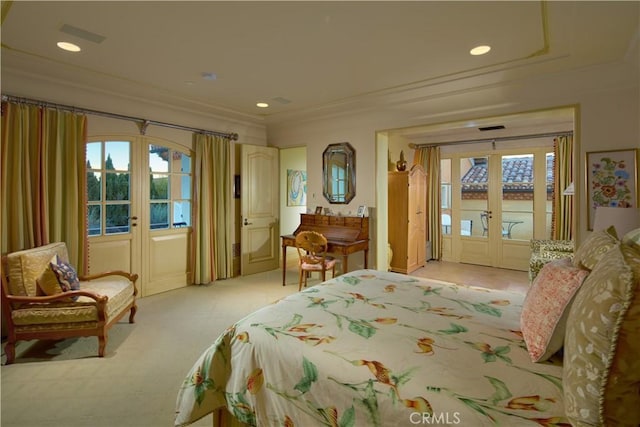 bedroom with french doors, light carpet, and access to exterior