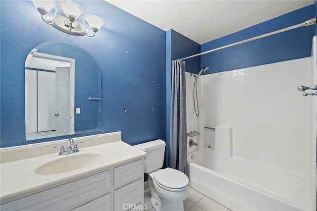 full bathroom with toilet, tile patterned flooring, shower / bath combo, and vanity